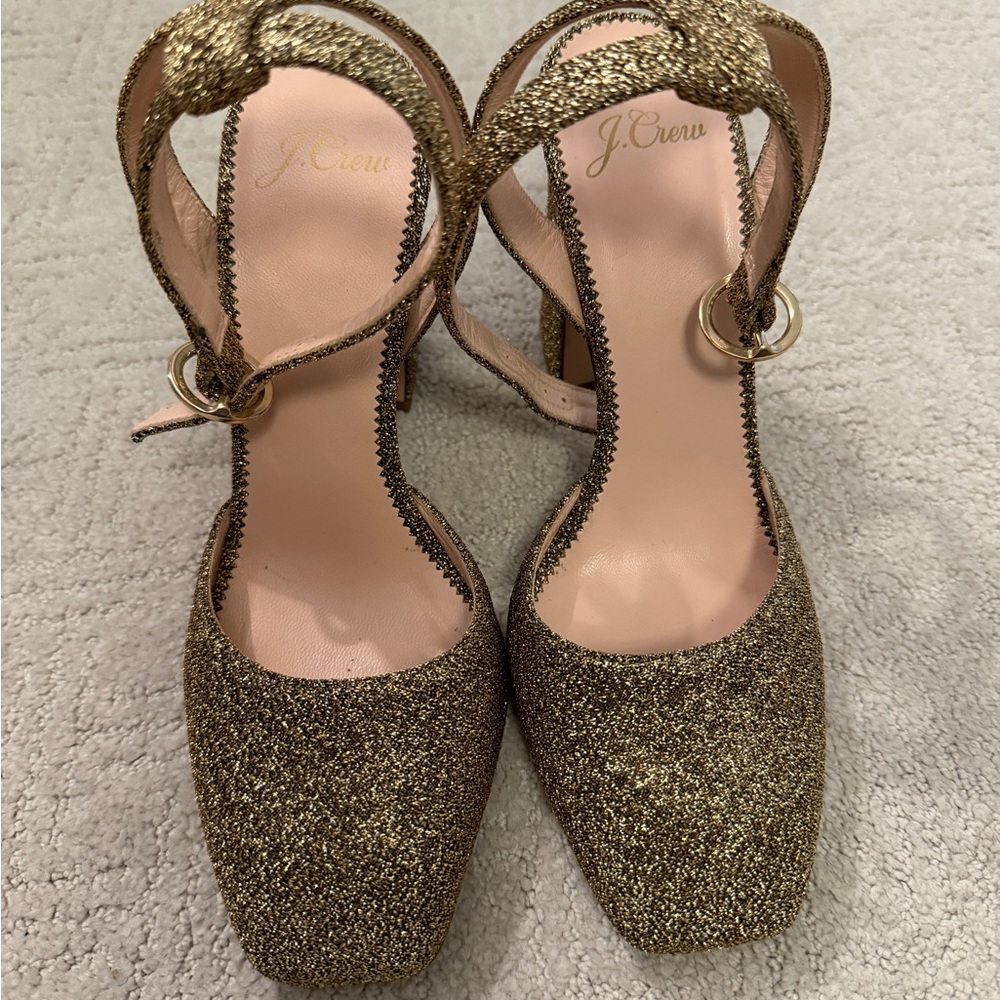 J. Crew Gold Glitter Block Heel Ankle Strap Pumps - Picture 3 of 4